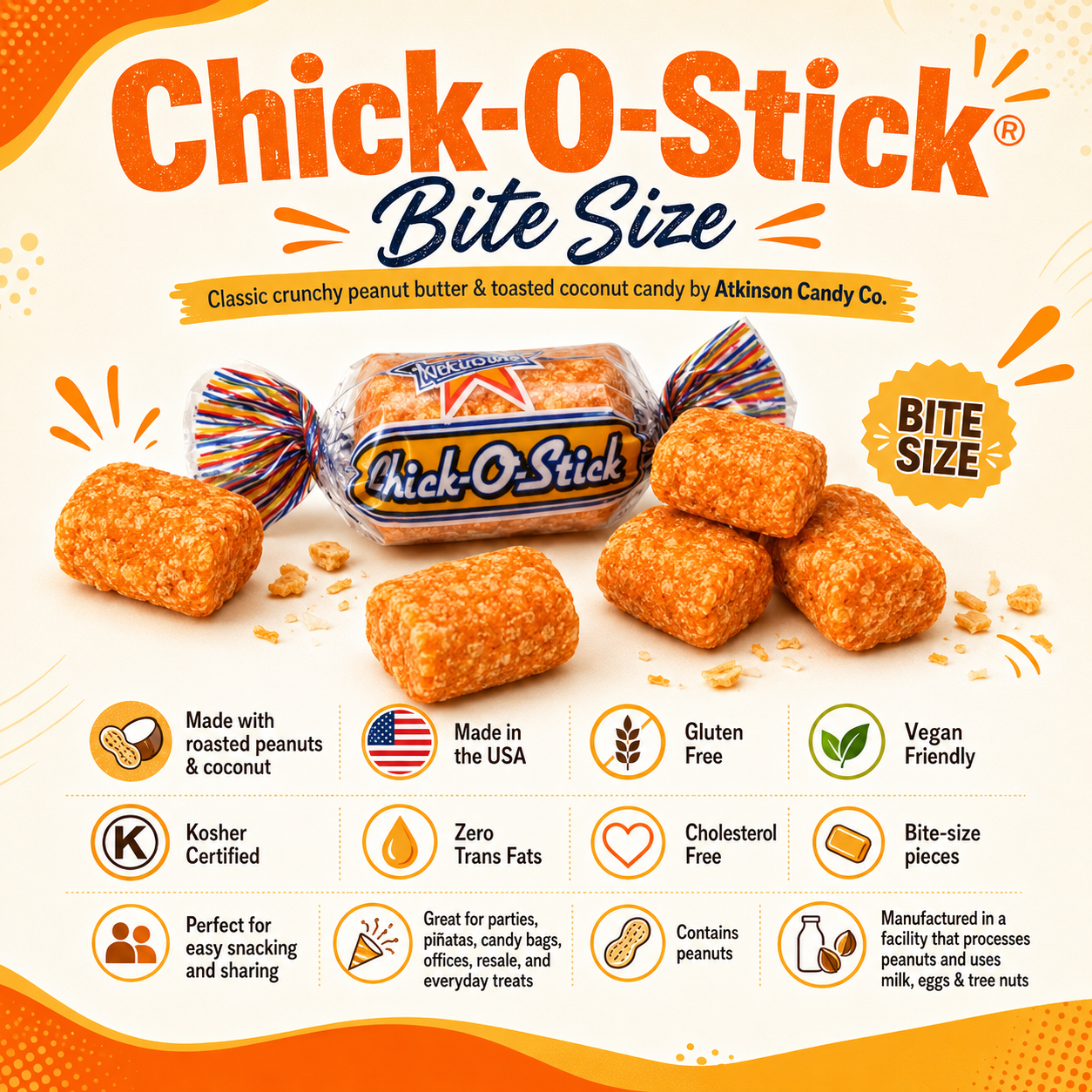 Chick-O-Stick Bite Size | Classic Peanut Butter Coconut Mini Bars, Bulk Candy