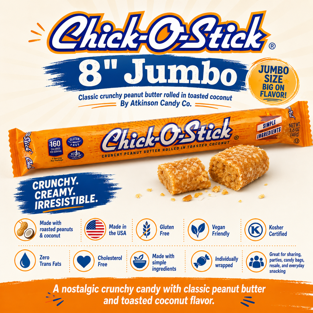Chick-O-Stick 8" Jumbo Bars Pack of 5 | Crunchy Peanut Butter Coconut Candy