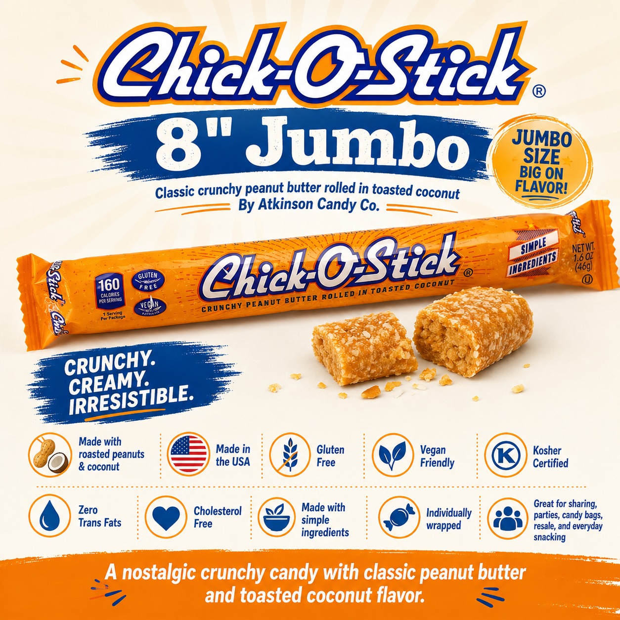 Chick-O-Stick 8" Jumbo Bars Pack of 5 | Crunchy Peanut Butter Coconut Candy
